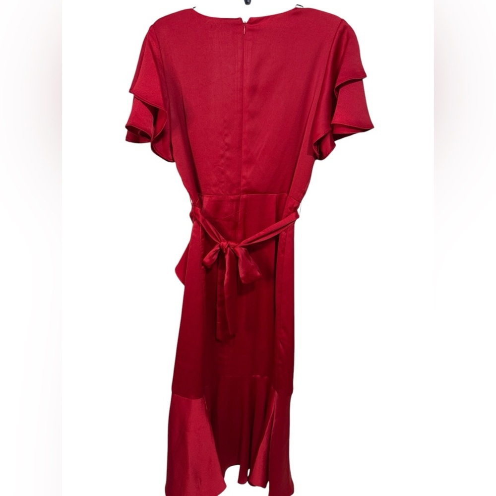 Women's V neck Ruffle Front Red Satin Crepe belted Gown 
Size 8 - Picture 5 of 11